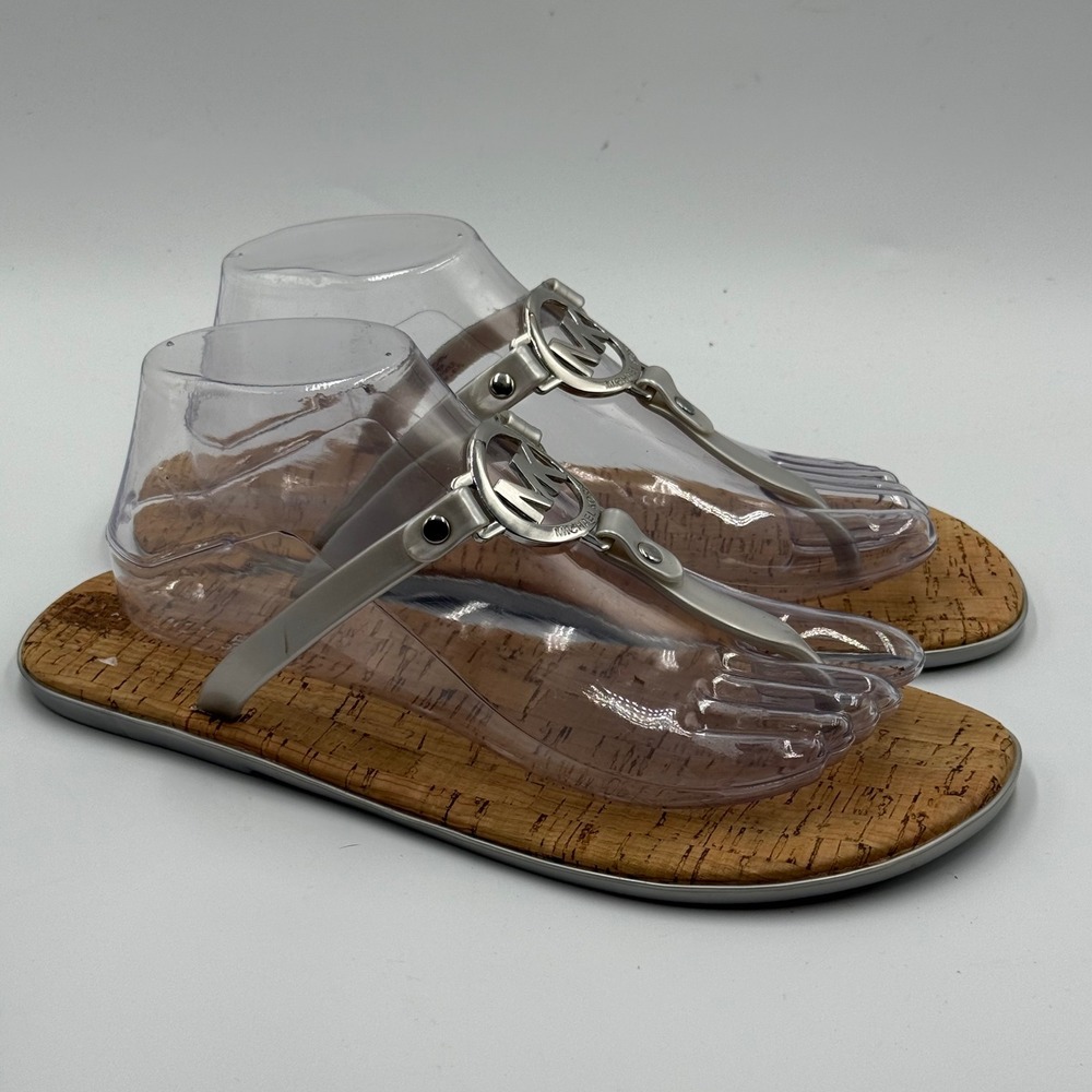 MICHAEL KORS Silver Jelly Cork Thongs‎ Flat Sandals Flip Flops Sz 10 Minimalist